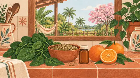 Una mesada con espinaca, lentejas, naranjas y un frasco sin etiqueta, ilustración del artículo sobre el ácido fólico.