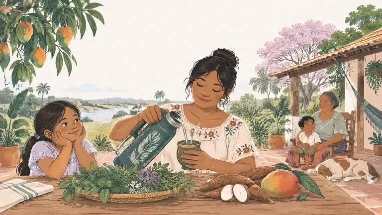 Una mesa con un termo, una guampa, un atado de yuyos, mandioca y un mango, ilustración del tema alimentación en Paraguay.