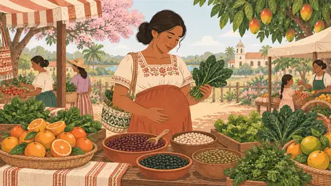 Una embarazada elige porotos, verduras de hoja y cítricos en un puesto de mercado, ilustración del artículo sobre antojos y anemia.