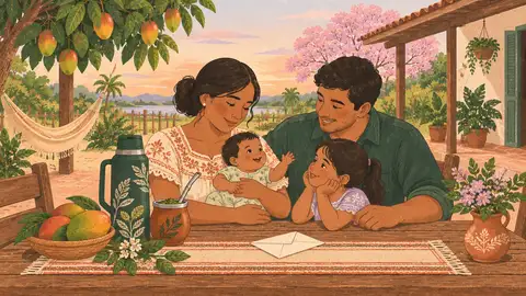 Una familia joven en casa con un bebé y un niño pequeño, ilustración del artículo sobre la asignación familiar.