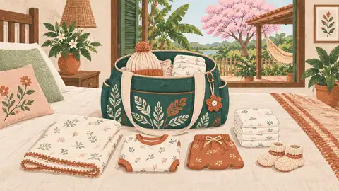 Ropa de bebé, gorrito, pañales y una mantita junto a un bolso, ilustración del artículo sobre el bolso del bebé.