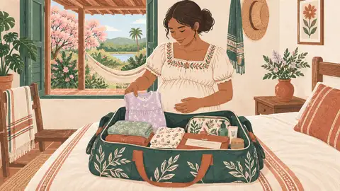 Una embarazada prepara el bolso para el sanatorio sobre la cama, ilustración del artículo sobre qué llevar al parto.