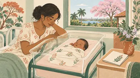 Un recién nacido duerme en una cunita junto a un certificado doblado, ilustración del artículo sobre el certificado de nacido vivo.