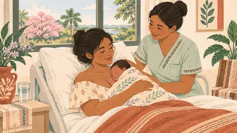 Una mamá descansa en la cama del hospital con su recién nacido en brazos, ilustración del artículo sobre la cesárea.
