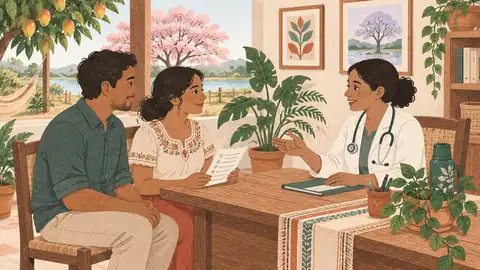 Una pareja conversa con una médica llevando una lista escrita, ilustración del artículo sobre la consulta preconcepcional.