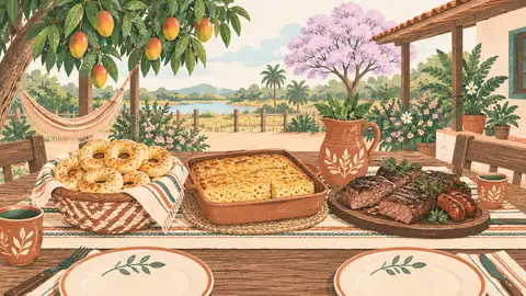 Una mesa con chipa, sopa paraguaya y asado bien cocido, ilustración del artículo sobre comidas paraguayas en el embarazo.