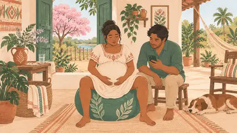 Una embarazada respira durante una contracción mientras su pareja la cronometra, ilustración del artículo sobre cuándo ir al hospital.