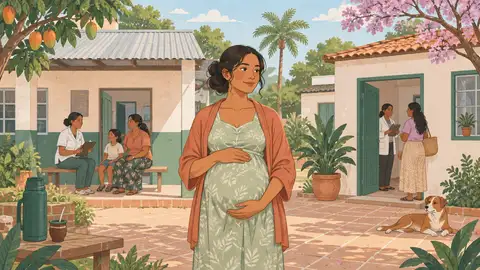 Dos edificios de salud, uno público con techo de chapa y otro privado con puerta verde, ilustración del artículo sobre control prenatal en IPS o privado.