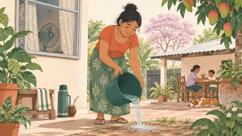 Una ventana con mosquitero y un ventilador, y una mano que vacía un balde con agua, ilustración del artículo sobre dengue en el embarazo.