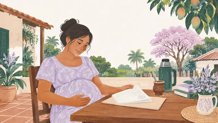 Una mujer embarazada en un escritorio con una carpeta y un formulario sellado, con un calendario en la pared, ilustración del tema derechos en Paraguay.