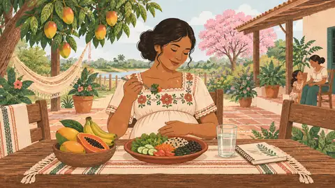 Una embarazada frente a un plato con verduras y frutas y un cuaderno, ilustración del artículo sobre diabetes gestacional.