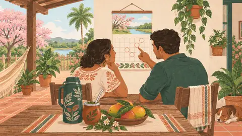 Una pareja mira juntos un calendario en la pared, ilustración del artículo sobre los días fértiles.