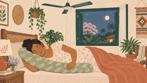 Una embarazada duerme de costado abrazada a una almohada larga, ilustración del artículo sobre dormir en el embarazo.
