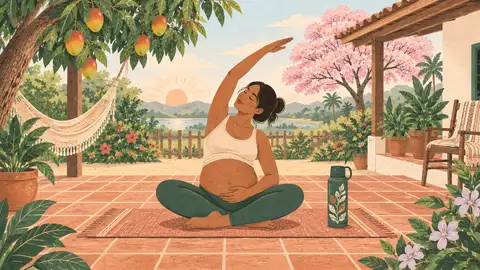 Una embarazada estira suavemente en una colchoneta en un patio, ilustración del artículo sobre ejercicio y Kegel.