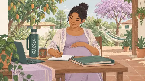 Una embarazada sentada en su escritorio de trabajo con una carpeta y un termo de tereré, ilustración del artículo sobre derechos de la embarazada que trabaja.