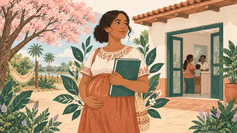 Una embarazada sostiene una carpeta con documentos frente a una oficina, ilustración del artículo sobre el fuero maternal.