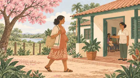 Una embarazada entra a un puesto de salud público con techo de chapa y un lapacho, ilustración del artículo sobre la gratuidad en Salud Pública y Tekoporã.