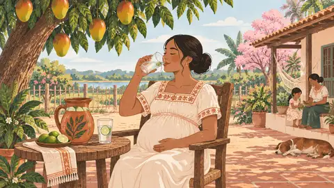 Una embarazada toma agua a la sombra de un mango en un día de calor, ilustración del artículo sobre hidratación.