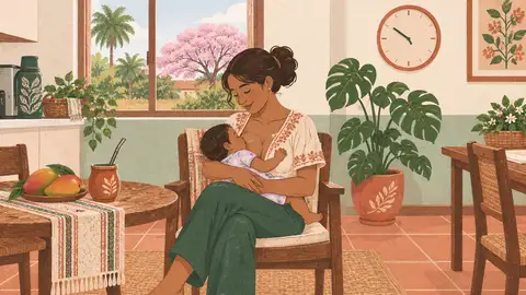 Una madre amamanta a su bebé en una sala tranquila del trabajo, ilustración del artículo sobre la hora de lactancia.