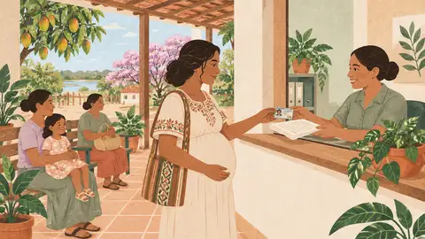 Una embarazada entrega su cédula y papeles en una ventanilla, ilustración del artículo sobre cómo inscribirse en IPS.