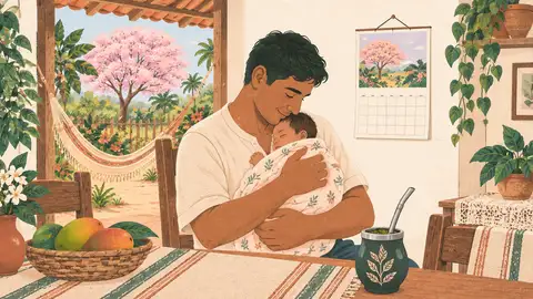 Un papá sostiene a su bebé recién nacido en casa, ilustración del artículo sobre la licencia de paternidad.