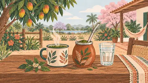 Una taza de cocido y un mate sobre una mesa de madera junto a un vaso de agua, ilustración del artículo sobre mate y cocido en el embarazo.
