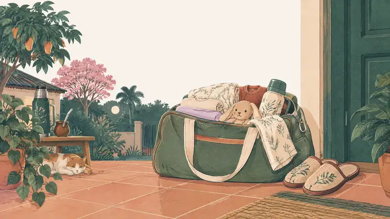 Un bolso preparado junto a una puerta de noche, con unas pantuflas al lado, ilustración del tema parto en Paraguay.