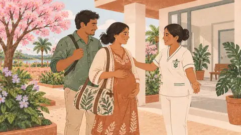 Una embarazada llega al hospital con su pareja y un bolso, ilustración del artículo sobre el parto en IPS.