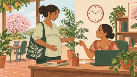 Una trabajadora embarazada entrega un turno de control a una compañera en la oficina, ilustración del artículo sobre el permiso para controles prenatales.