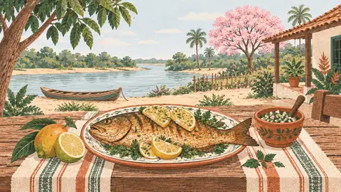 Un pescado de río bien cocido con limón sobre un plato, junto a un río, ilustración del artículo sobre pescado de río en el embarazo.