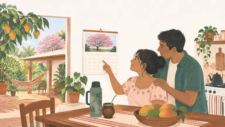 Una pareja mira junta un calendario de pared en una cocina, ilustración del tema planear el embarazo en Paraguay.