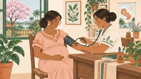 Una enfermera controla la presión de una embarazada sentada, ilustración del artículo sobre presión alta y preeclampsia.