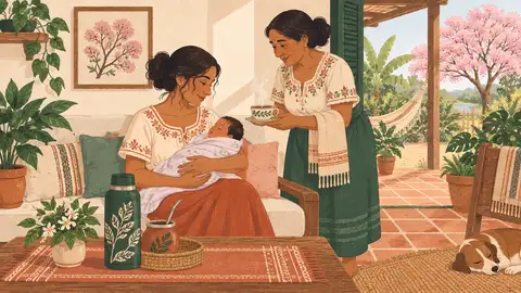 Una mamá en casa con su recién nacido mientras la abuela le trae un té, ilustración del artículo sobre los primeros días en casa.