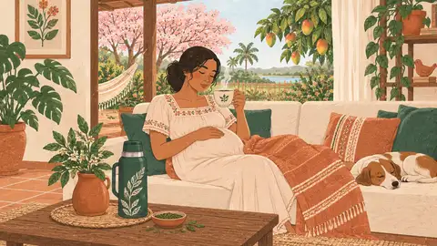 Una mujer joven descansa en el sillón con la mano en la panza y una taza de té, ilustración del artículo sobre los primeros síntomas.