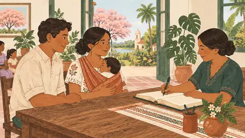 Una pareja con su bebé en brazos inscribe el nacimiento en el Registro Civil, ilustración del artículo sobre la inscripción del nacimiento.