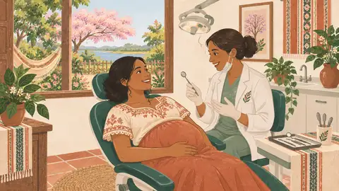 Una embarazada sonríe en el sillón del dentista, ilustración del artículo sobre salud dental en el embarazo.