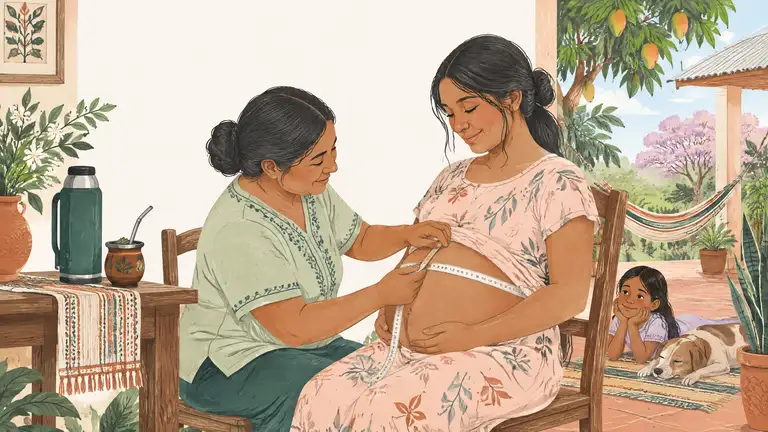 Las manos de una partera miden con una cinta el vientre de una embarazada en un cuarto cálido, ilustración del tema salud en Paraguay.