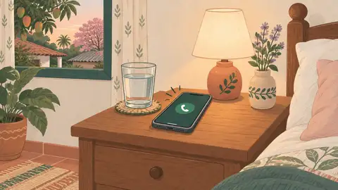 Un celular sobre una mesa de luz con una llamada en curso, junto a un vaso de agua, ilustración del artículo sobre señales de alarma en el embarazo.