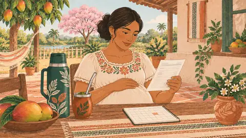 Una embarazada revisa un recibo y un calendario en la mesa de la cocina, ilustración del artículo sobre el subsidio de maternidad del IPS.