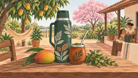 Un termo, una guampa con bombilla y un manojo de yuyos sobre una mesa de madera, ilustración del artículo sobre tereré en el embarazo.