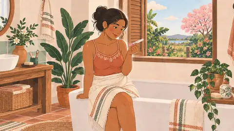 Una mujer sostiene un test de embarazo sentada en el baño, ilustración del artículo sobre cuándo hacer el test.
