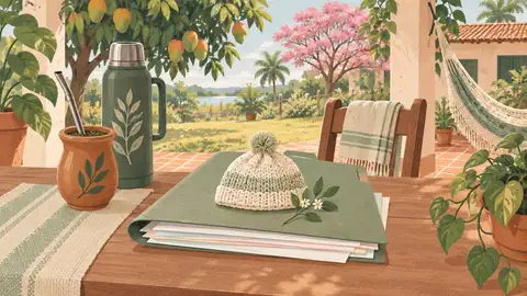 Una carpeta con documentos junto a un gorrito tejido de bebé, ilustración del artículo sobre trámites después del nacimiento.