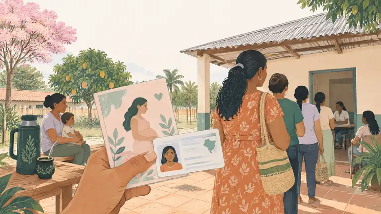 Una mano sostiene un carné perinatal y una cédula en una fila bajo un techo de chapa, ilustración del tema trámites en Paraguay.