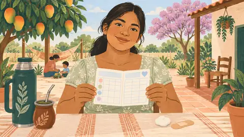 Un carné de vacunación abierto junto a un algodón y una curita sobre una mesa, ilustración del artículo sobre vacunas en el embarazo.