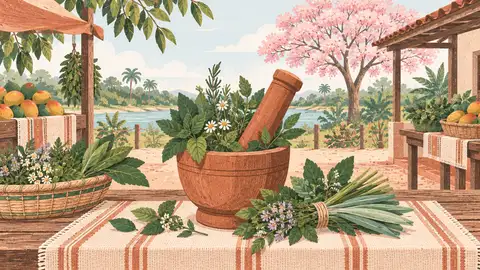 Un mortero de madera con yuyos frescos sobre una mesa de mercado, ilustración del artículo sobre yuyos en el embarazo.